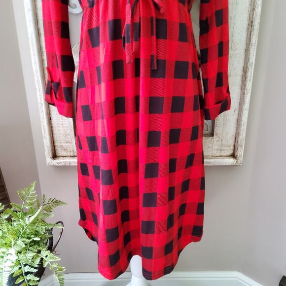 Times Two Maternity 3/4 Sleeve Collard V-Neck Elastic Waist Dress Buffalo Plaid - Picture 4 of 9